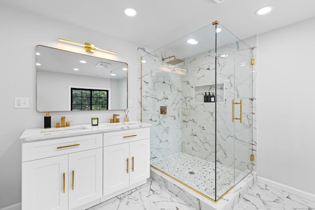 226 Ruane St, Fairfield, CT 06824 - bathroom featuring a marble finish shower, recessed lighting, marble finish floors, and double vanity
