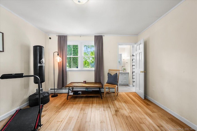 22 Benjamin St, Norwich, CT 06360 - exercise room with light wood-type flooring, crown molding, and a baseboard radiator