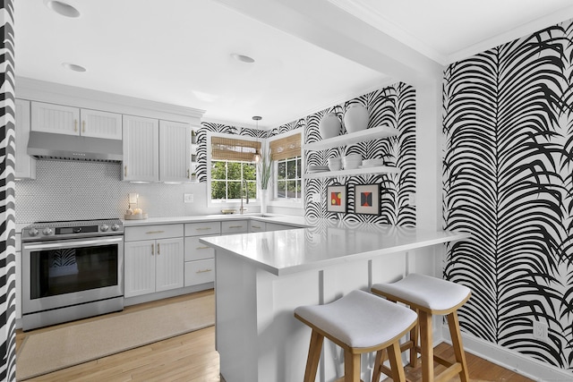 521 Lake Ave, Bridgeport, CT 06605 - kitchen with electric range, a peninsula, ornamental molding, light wood-style flooring, and light countertops