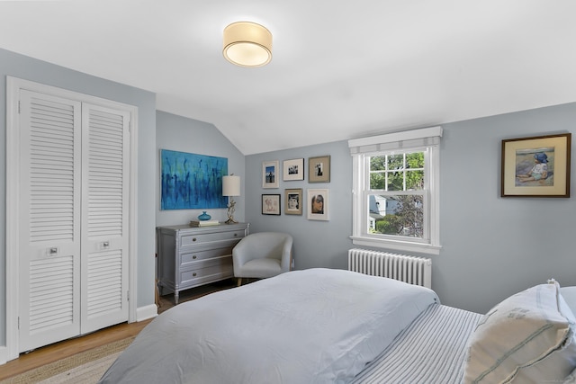 521 Lake Ave, Bridgeport, CT 06605 - bedroom featuring vaulted ceiling, radiator, wood finished floors, and a closet
