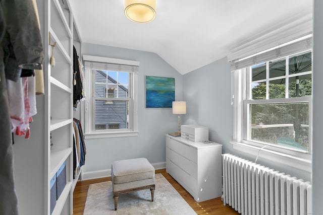 521 Lake Ave, Bridgeport, CT 06605 - living area featuring radiator heating unit, vaulted ceiling, and wood finished floors