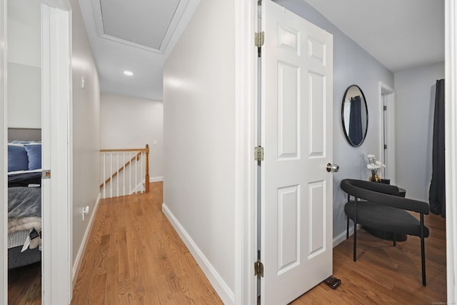 357 D Welton Way, Thomaston, CT 06787 - hallway featuring attic access, an upstairs landing, light wood-style floors, and recessed lighting