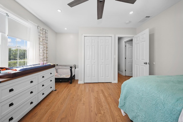 357 D Welton Way, Thomaston, CT 06787 - bedroom with light wood-style floors, recessed lighting, a closet, and a ceiling fan
