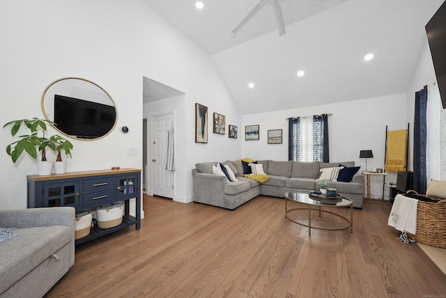 357 D Welton Way, Thomaston, CT 06787 - living room featuring wood finished floors, high vaulted ceiling, and recessed lighting