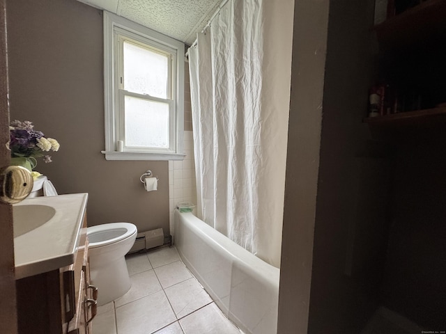 150 Greenwood St, New Britain, CT 06051 - bathroom with vanity, tile patterned floors, shower / bath combination with curtain, and a baseboard radiator