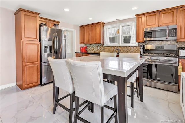 12 Sunset Ave, Trumbull, CT 06611 - kitchen featuring appliances with stainless steel finishes, light marble finish floors, decorative backsplash, brown cabinetry, and recessed lighting