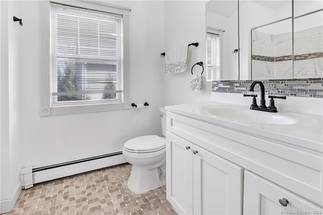 12 Sunset Ave, Trumbull, CT 06611 - full bath featuring a baseboard radiator, vanity, a tile shower, and tasteful backsplash