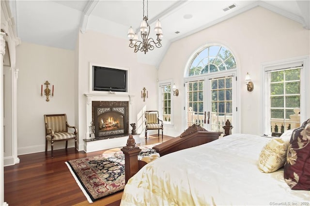 bedroom with dark wood-type flooring, beam ceiling, high vaulted ceiling, a chandelier, and french doors