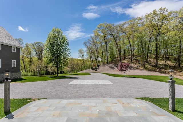 view of community with a lawn and gravel driveway