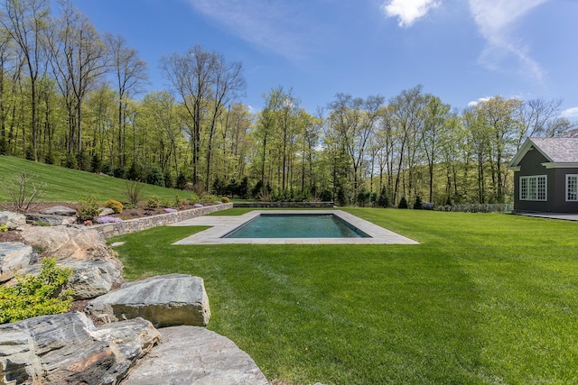 pool featuring a yard and a forest view