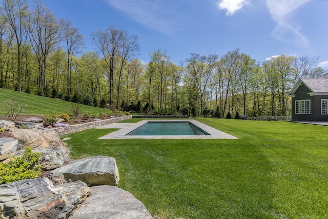 pool featuring a view of trees and a lawn