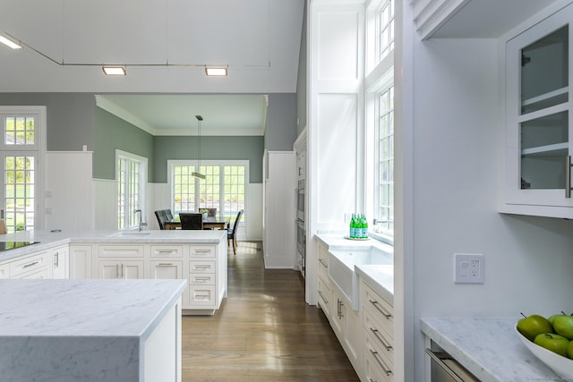 kitchen with crown molding, white cabinets, wood finished floors, and a sink