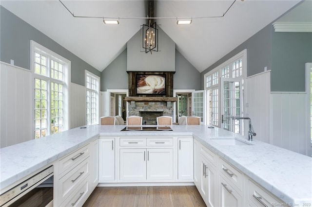 kitchen featuring a fireplace, black electric cooktop, light stone countertops, and a sink