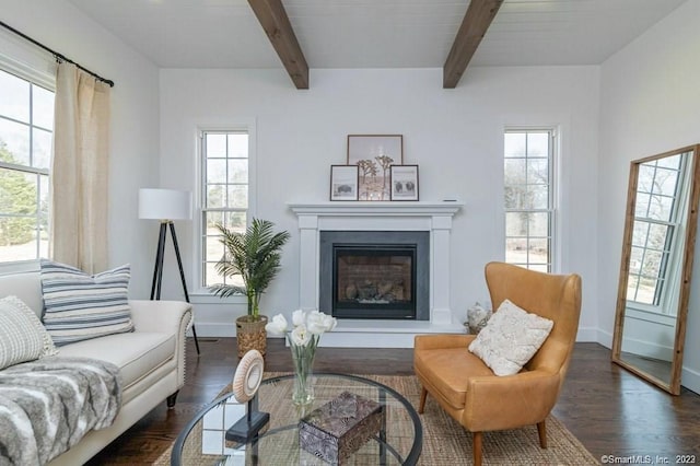 sitting room with dark hardwood / wood-style flooring and beamed ceiling