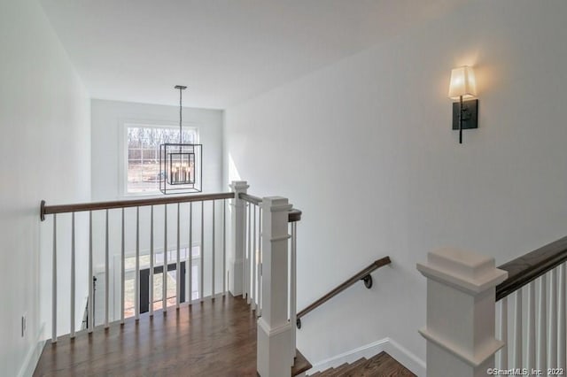 stairway featuring dark hardwood / wood-style floors and a chandelier