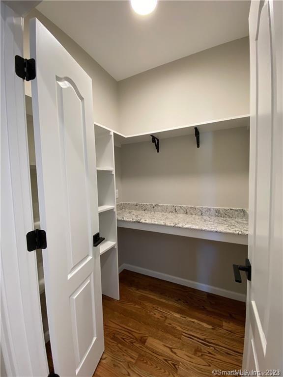 walk in closet with dark hardwood / wood-style floors