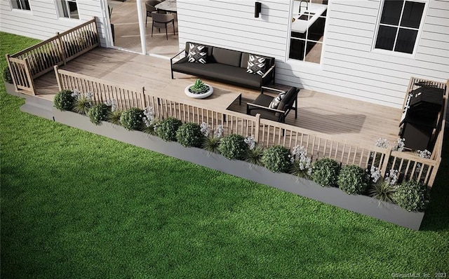 view of terrace with a wooden deck and outdoor lounge area