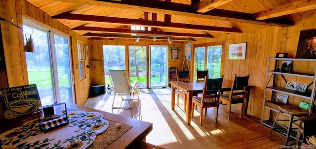 interior space with wooden walls, track lighting, vaulted ceiling with beams, and plenty of natural light