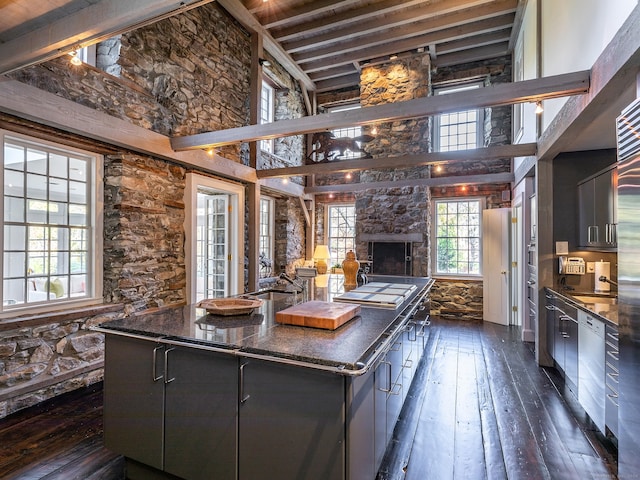 kitchen with sink, a fireplace, a center island, stainless steel dishwasher, and dark hardwood / wood-style floors