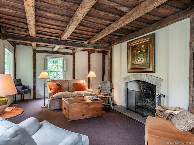 living room with wooden ceiling, beamed ceiling, and dark carpet