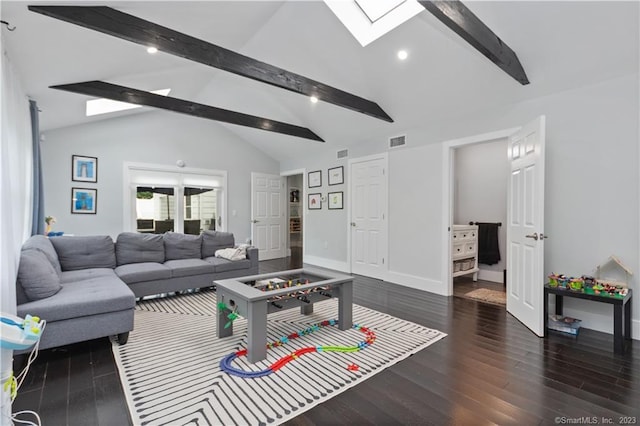 living room with a skylight, dark wood-type flooring, high vaulted ceiling, and beamed ceiling