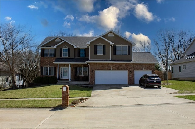 1435 Ashland Ave, Mt Zion, IL 62549 - traditional-style home with concrete driveway, a front yard, an attached garage, stucco siding, and brick siding