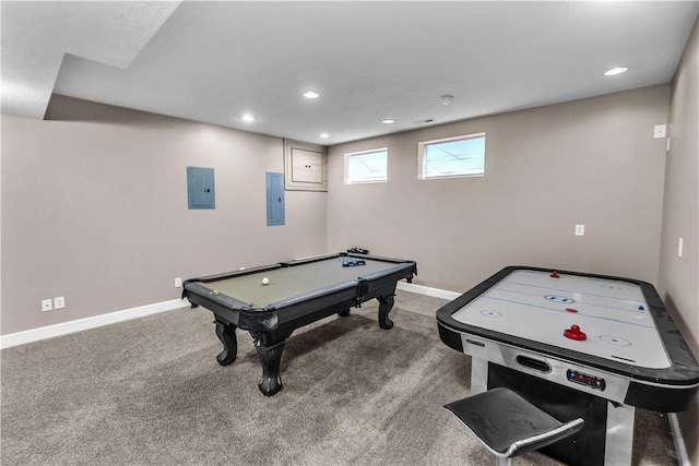 1435 Ashland Ave, Mt Zion, IL 62549 - rec room featuring carpet, recessed lighting, baseboards, billiards, and electric panel