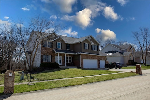 1435 Ashland Ave, Mt Zion, IL 62549 - traditional home with an attached garage, driveway, a front lawn, and brick siding