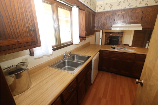 kitchen with dishwasher, light hardwood / wood-style floors, kitchen peninsula, and sink