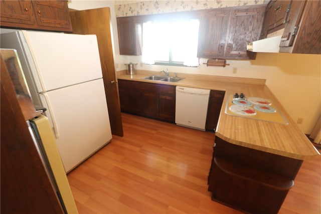 kitchen with light hardwood / wood-style floors, white appliances, and sink