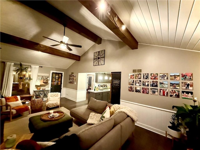 141 Hightide Dr, Decatur, IL 62521 - living area with a wainscoted wall, a ceiling fan, and dark wood-style floors