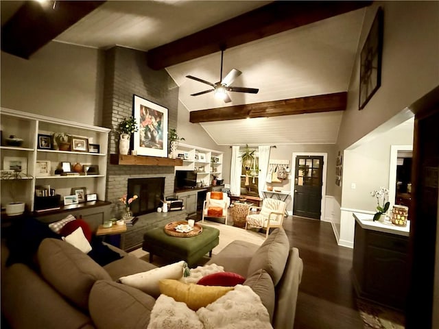 141 Hightide Dr, Decatur, IL 62521 - living area featuring a ceiling fan, dark wood finished floors, and a brick fireplace