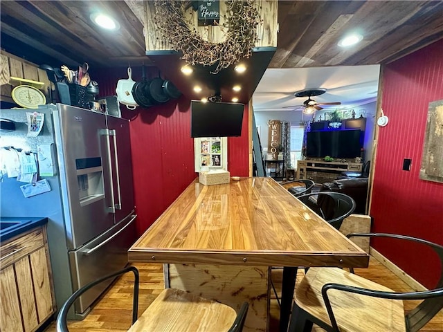 808 Moultrie Ave, Mattoon, IL 61938 - dining space featuring a ceiling fan, wood finished floors, recessed lighting, and wooden ceiling