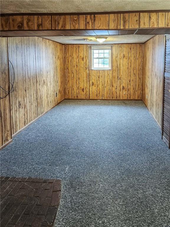 basement featuring dark colored carpet and wood walls