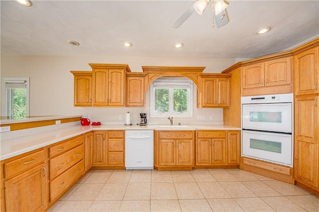 2928 Lakewood Dr, Vandalia, IL 62471 - kitchen featuring white appliances, light countertops, a ceiling fan, recessed lighting, and light tile patterned floors