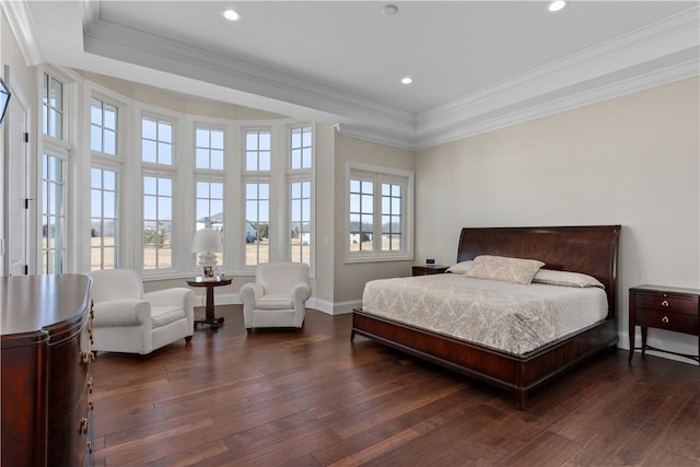 bedroom with ornamental molding, recessed lighting, dark wood-style flooring, and baseboards