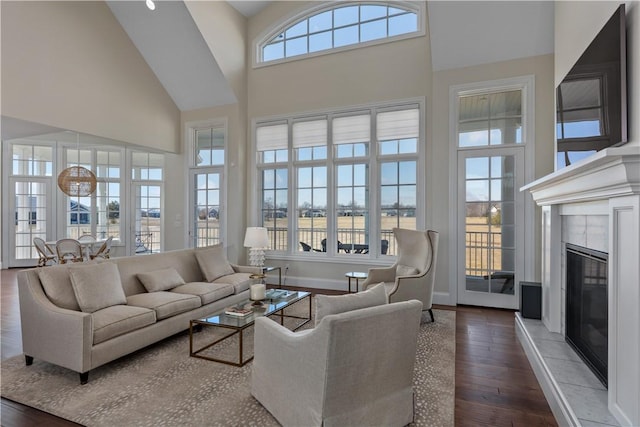 living area featuring baseboards, a towering ceiling, a tiled fireplace, and wood finished floors