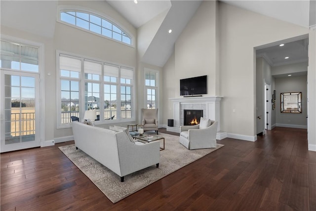 living area with dark wood-type flooring, a tile fireplace, a healthy amount of sunlight, and high vaulted ceiling