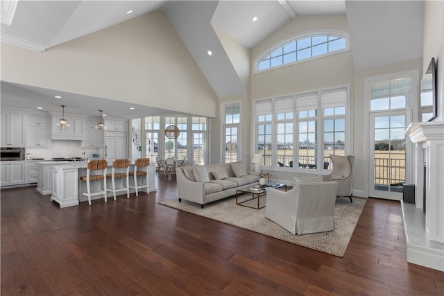 living room with high vaulted ceiling and dark wood finished floors