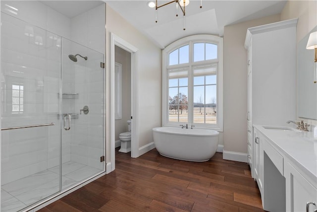 bathroom featuring a soaking tub, baseboards, wood finished floors, and vanity