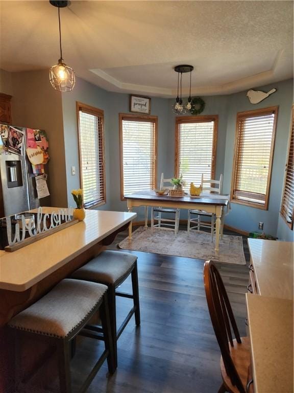 dining space with dark wood finished floors, a textured ceiling, a raised ceiling, and baseboards