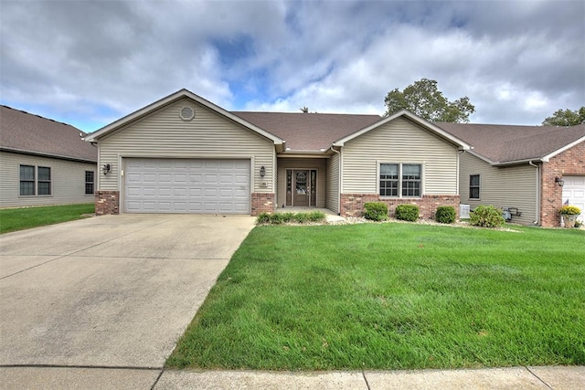 single story home with a garage and a front yard