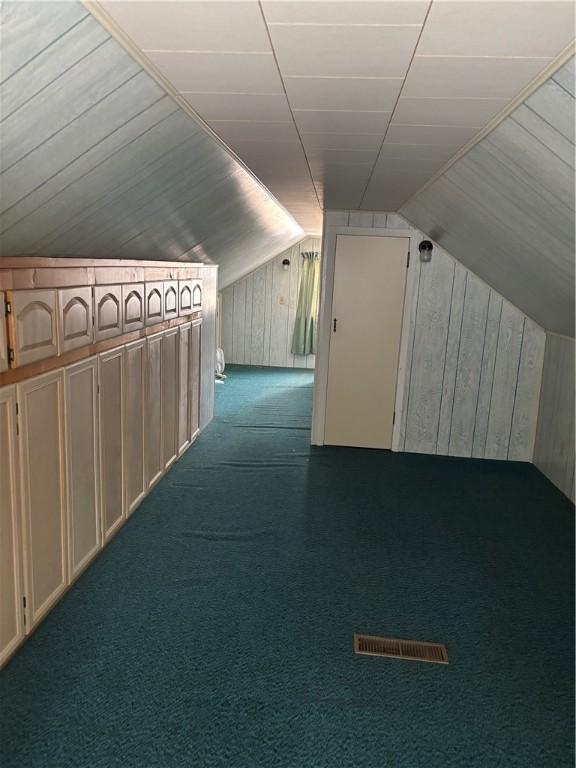 106 W Wernsing Ave, Effingham, IL 62401 - additional living space with wooden walls, vaulted ceiling, and dark colored carpet