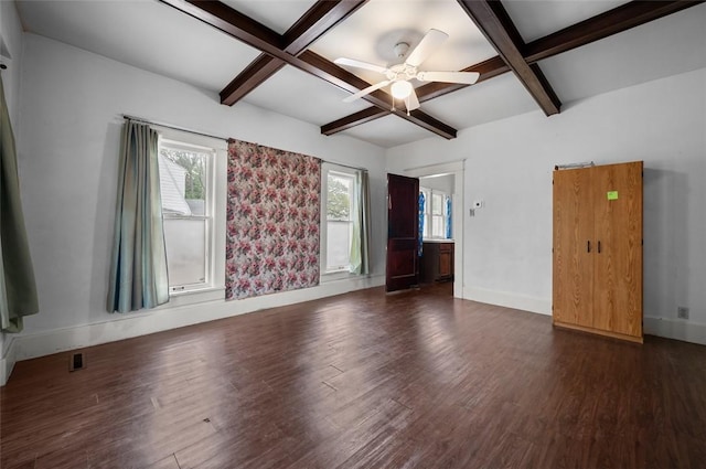 spare room featuring baseboards, a ceiling fan, coffered ceiling, and wood finished floors