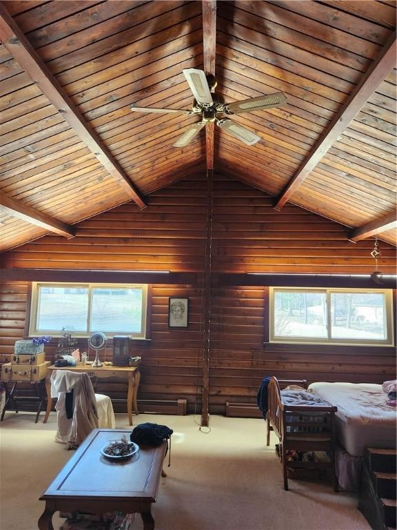 carpeted living room featuring wooden ceiling, lofted ceiling with beams, and ceiling fan