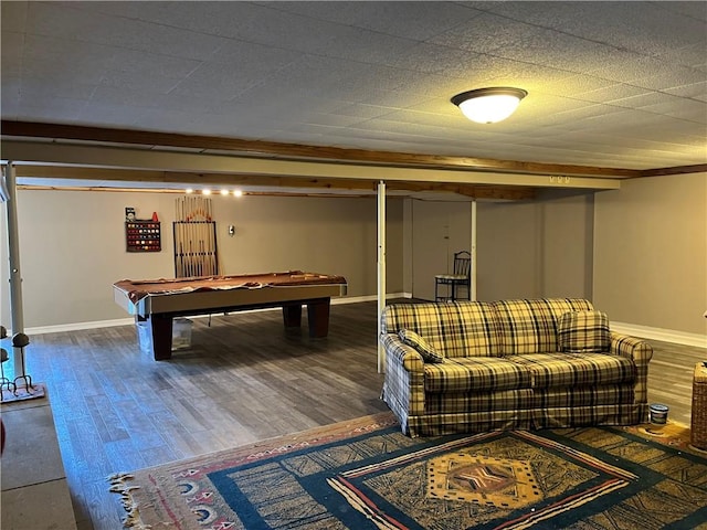 rec room featuring baseboards, wood finished floors, and pool table