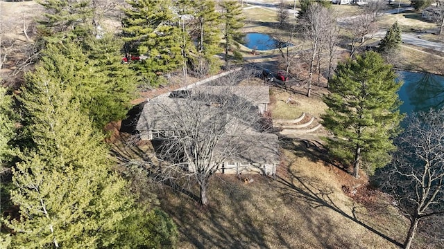 drone / aerial view featuring a water view