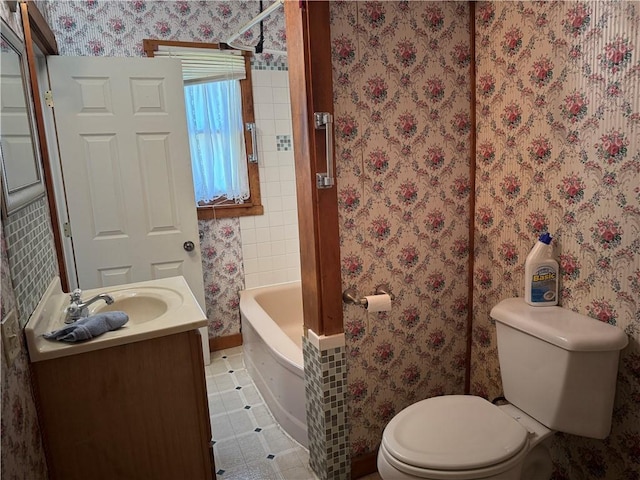 1524 Adams Ave, Charleston, IL 61920 - full bath with vanity, a bath, tile patterned floors, and wallpapered walls