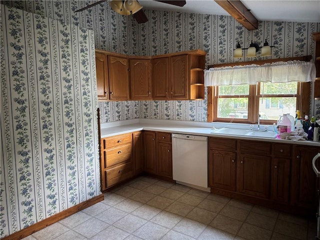 1524 Adams Ave, Charleston, IL 61920 - kitchen featuring white dishwasher, wallpapered walls, ceiling fan, light countertops, and open shelves