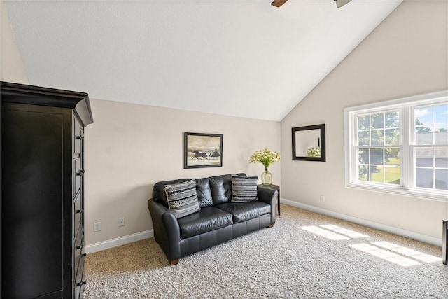 707 W Coolidge Ave, Charleston, IL 61920 - living room featuring carpet, a ceiling fan, and lofted ceiling